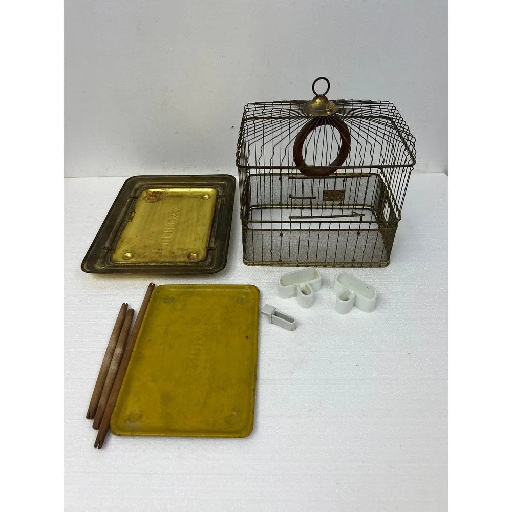 Hendryx Antique Brass Bird Cage Vintage Wire Pet w Porcelain Feeders Perch Gold